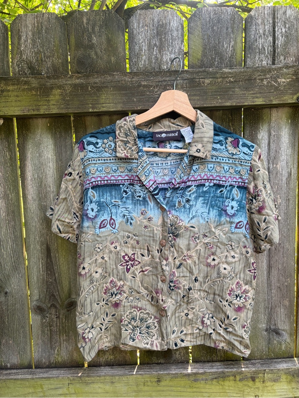 Sag Harbor Floral Button-Up Shirt in Blue & Tan & Pink